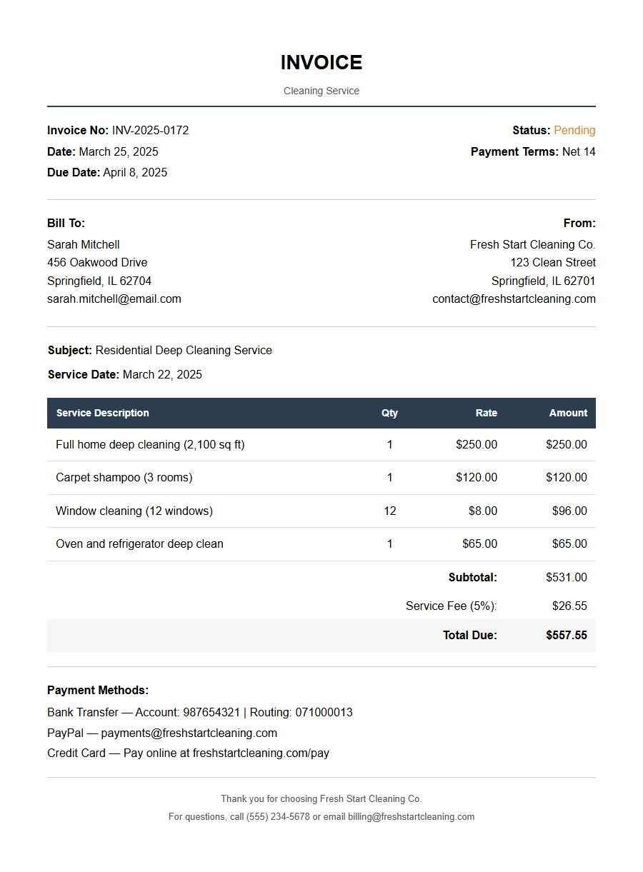 Professional Cleaning Service Invoice Template