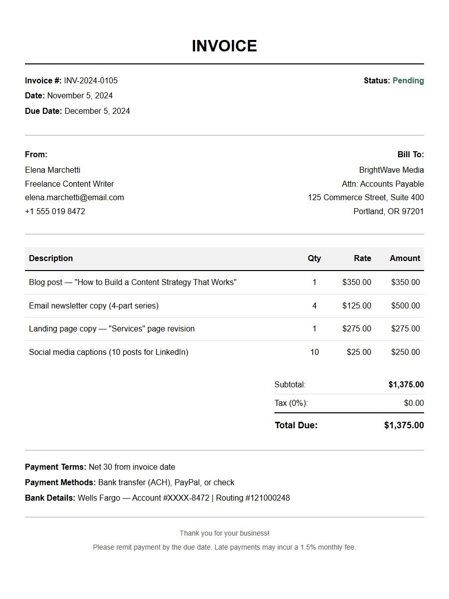 Free Freelance Writer Invoice Template