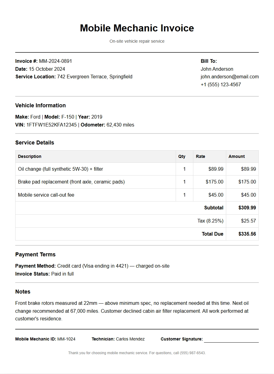 Mobile Mechanic Invoice Template for Easy Billing