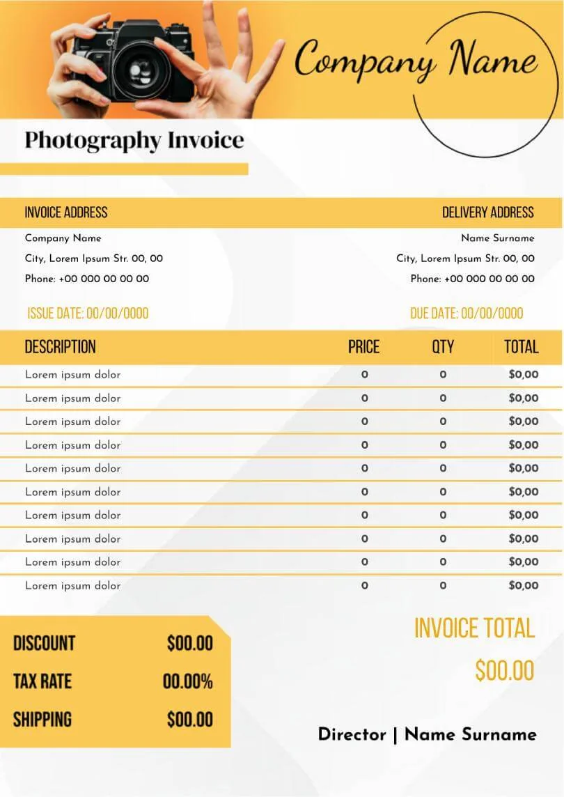 Photographer Invoice Template - Professional Billing Layout for Photography Services Photographer invoice template with pricing and service details for client billing