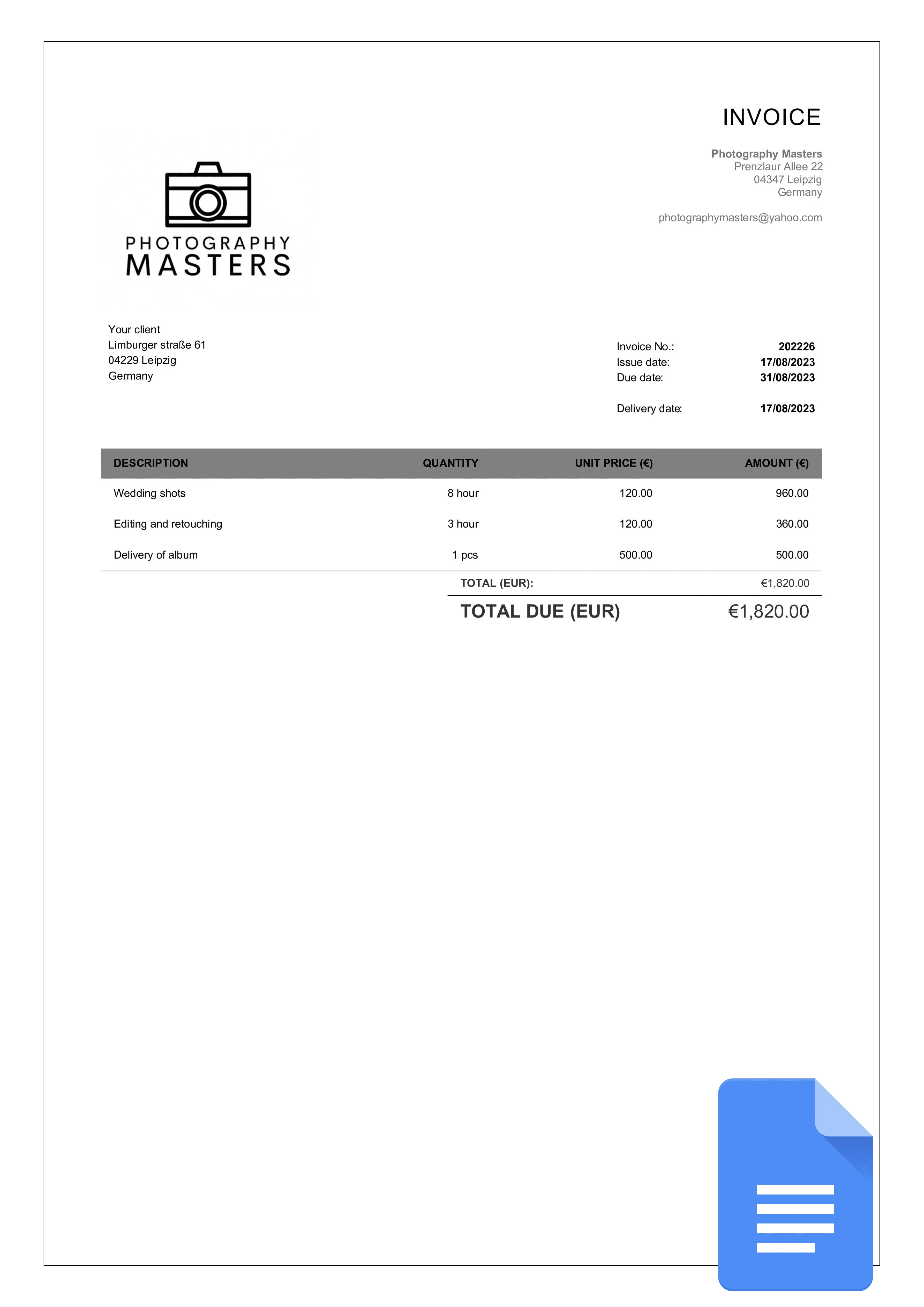 Photographer Invoice Template - Fillable Invoice for Photography Services Photographer invoice template showing blank fields for client and session details