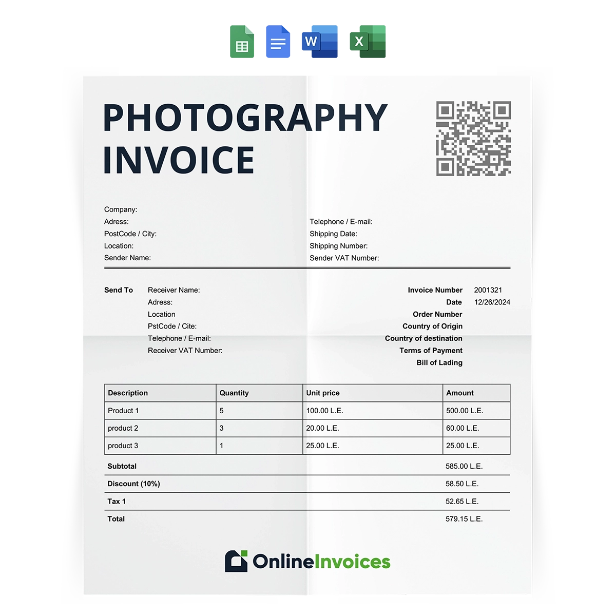 Photographer Invoice Template for Professional Billing Photographer invoice template with itemized service and payment fields