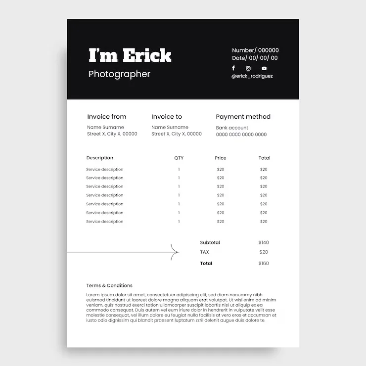 Professional photographer invoice template for service billing Photographer invoice template with line items and payment details