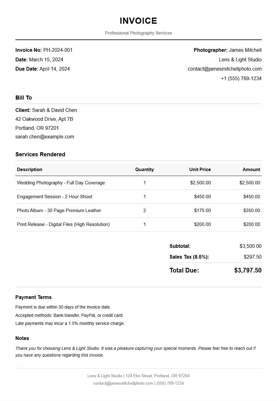 Free Photographer Invoice Template for Professionals