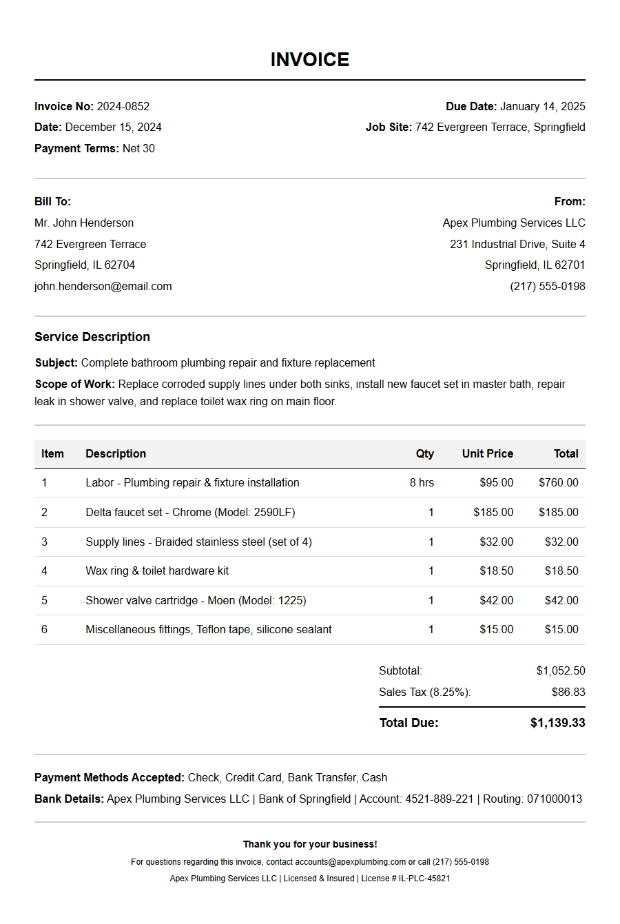 Professional Plumbing Invoice Template