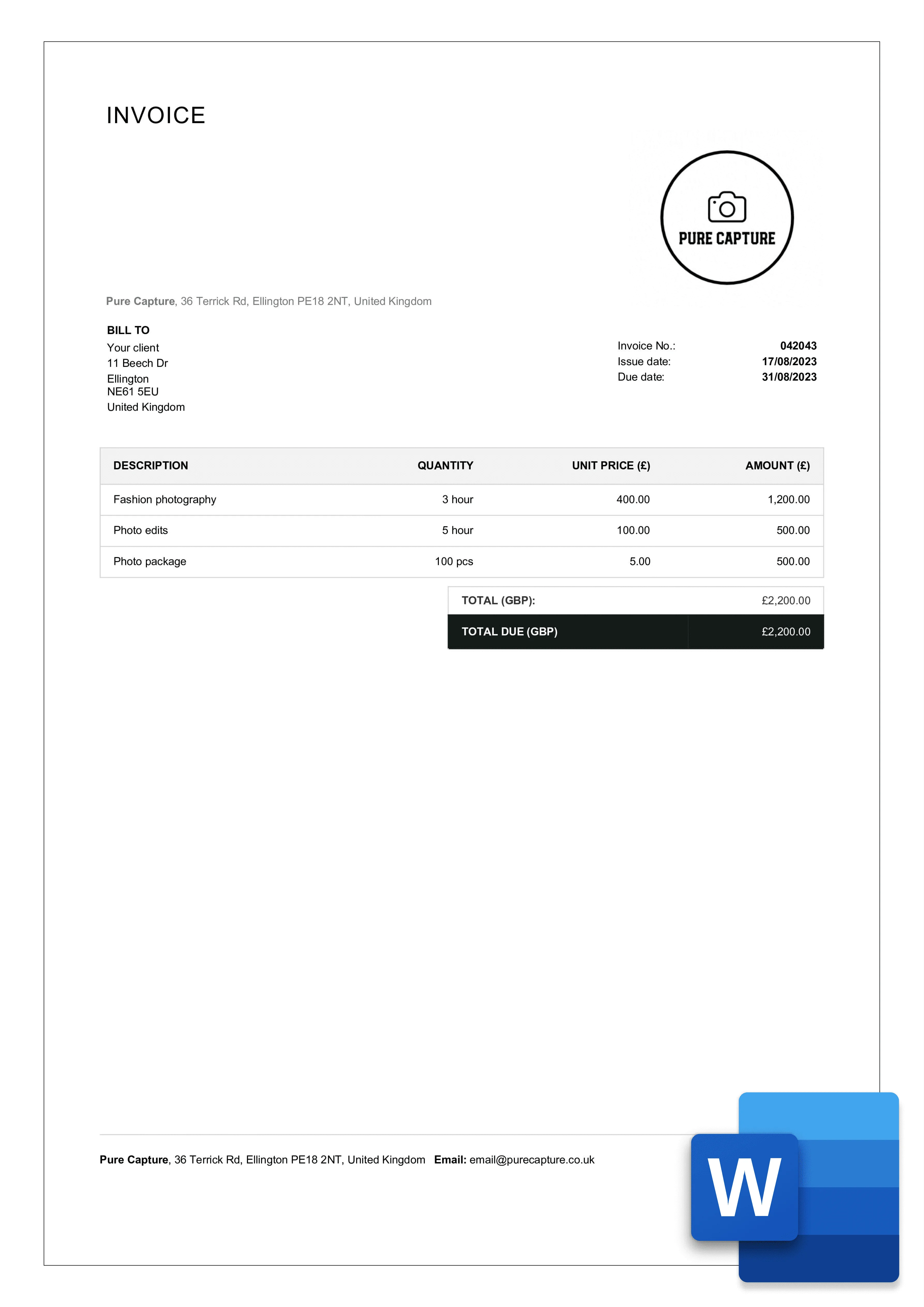 Professional photographer invoice template for freelance billing Photographer invoice template with clear fields for services and payment details