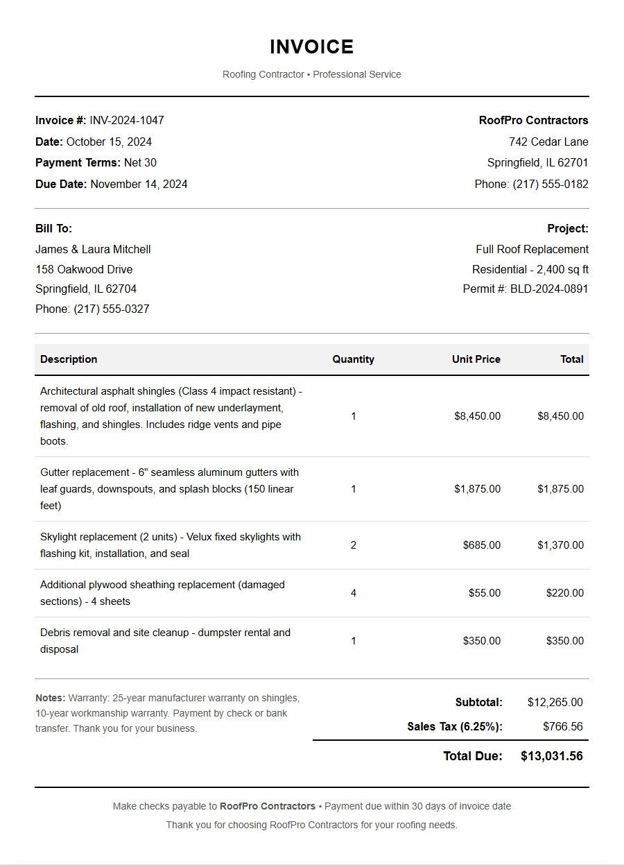 Free Roofing Contractor Invoice Template
