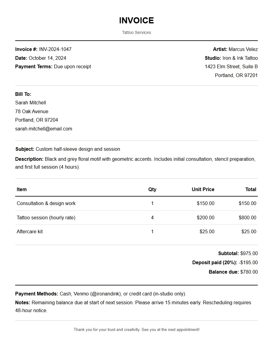 Professional Tattoo Artist Invoice Template
